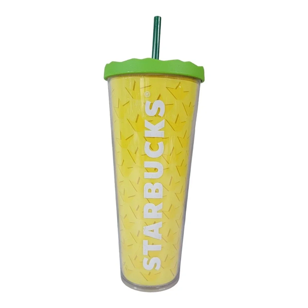 Starbucks 2014 Pineapple Cold Cup Tumbler Venti 24oz Green Lid Yellow Rare‎